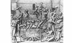 ¡Come yuquita! Grabado de indios Tupinamba cocinando y comiendo los cuerpos de prisioneros por Theodor de Bry. 1592.