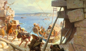 "Macedonios atacando Tiro" por Tom Lovell.