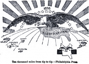 Caricatura de 1898 mostrando la extension del Imperio Americano desde Las Filipinas hasta Puerto Rico