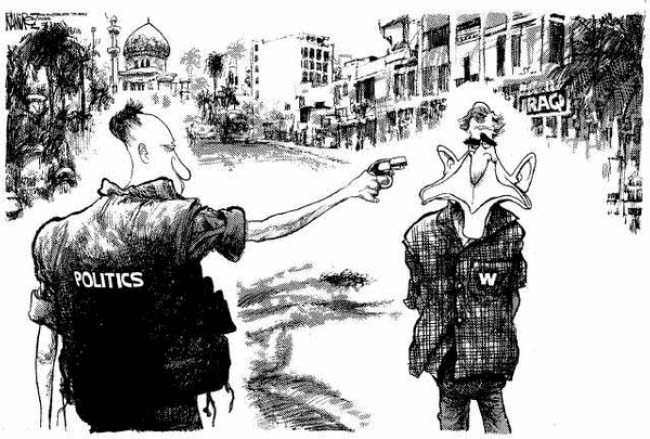 Caricatura de Michael Ramírez publicada en julio 2003 en Los Angeles Times en la que recrea la foto del general Nguyen Ngoc Loan ejecutando a un prisionero durante la guerra de Vietnam.