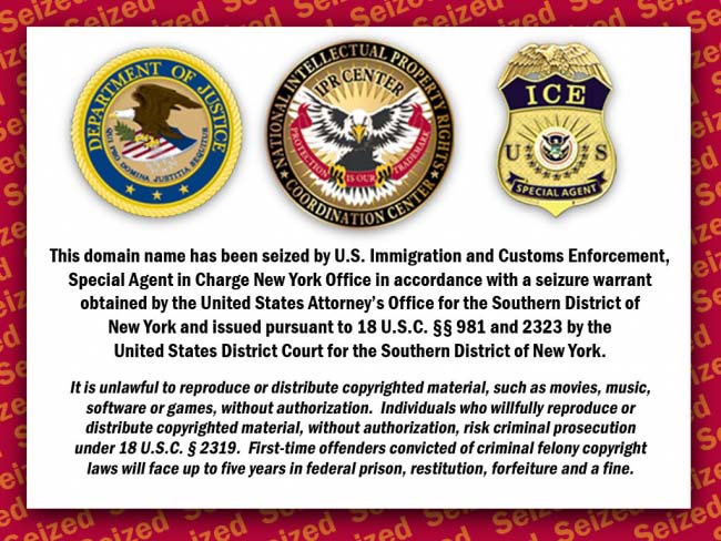 Mensaje publicado por el Departamento de Justicia de los EE.UU. tras tomar control de los dominios de sitios web acusados de infringir derechos de autor.