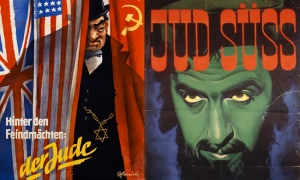 Dos piezas de propaganda anti-semita. A la izquierda, el texto dice "Detrás de las potencias enemigas, el judío". A la derecha, el póster de la película "Jud Suss".